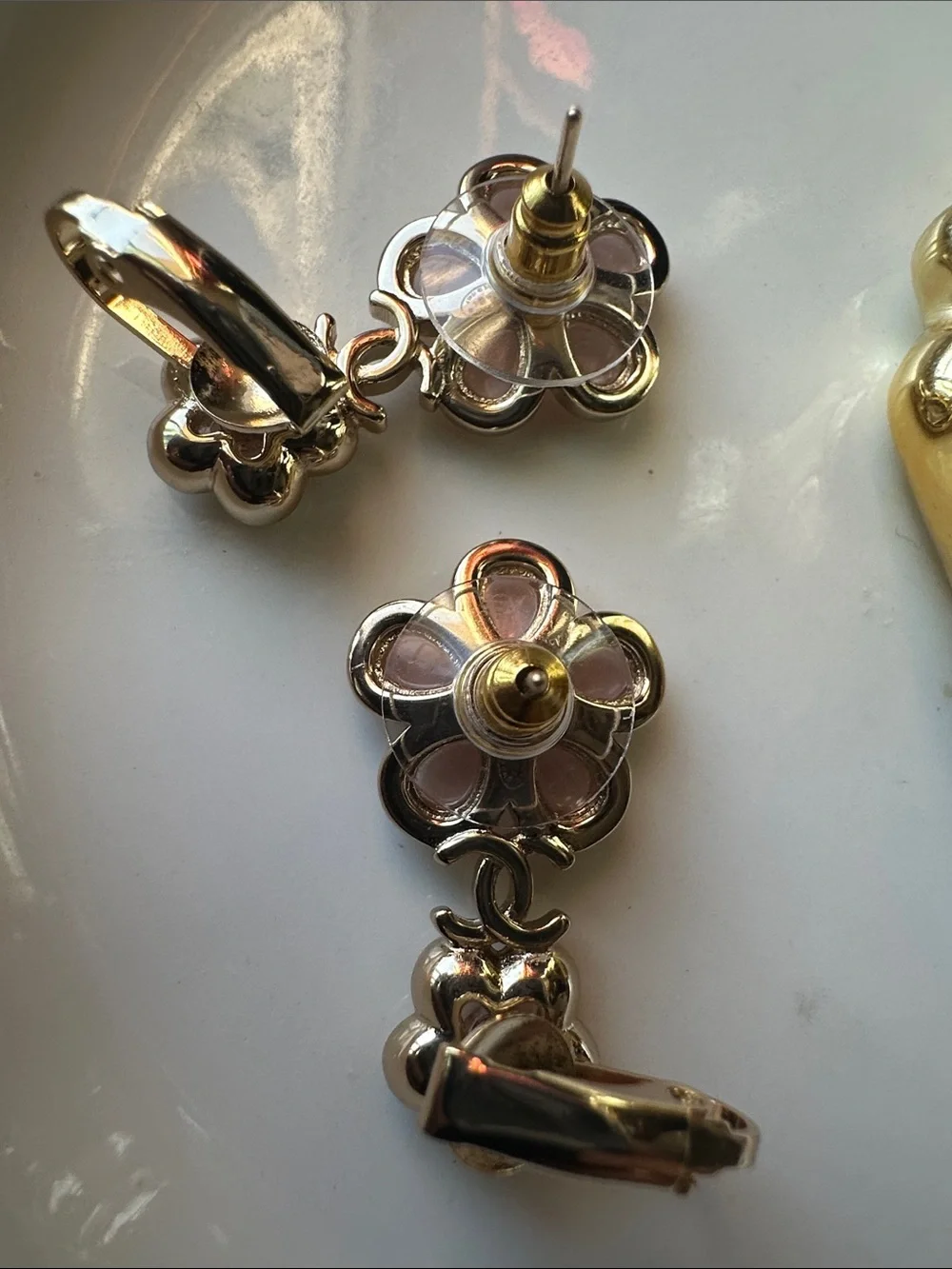 Like New- CHANEL Pink Floral Drop Earrings with Crystal Centers